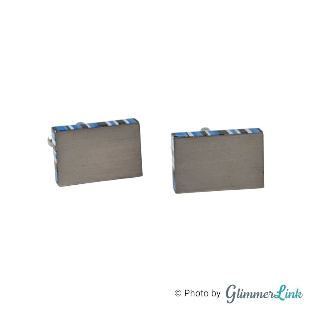 Rectangle Blue Black Stripe Rim Silver Tone Cufflinks